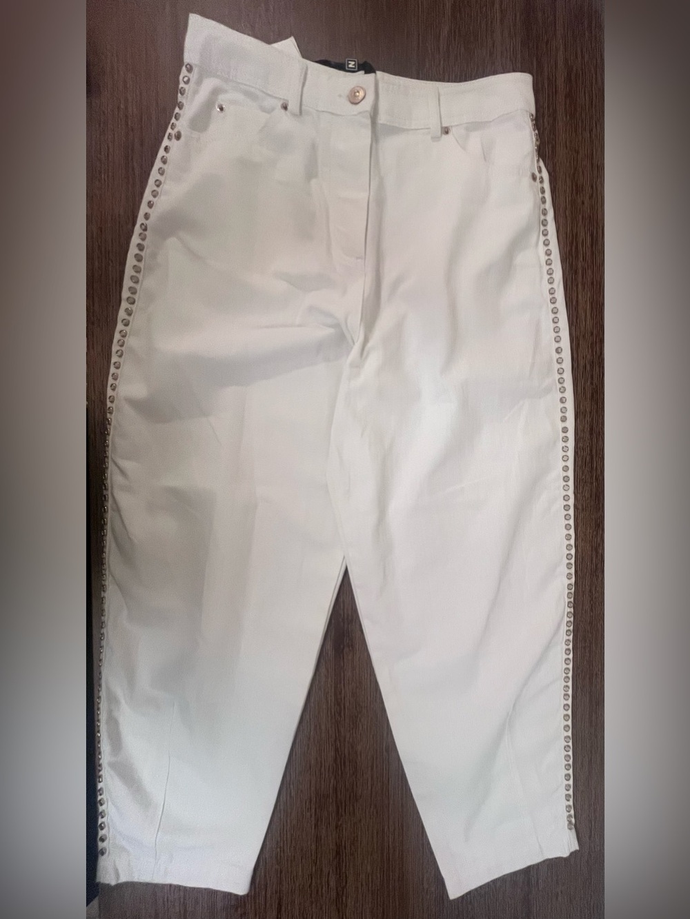 Nocturne Ecru color high rise Denim pants with silver studs, size S,4-6